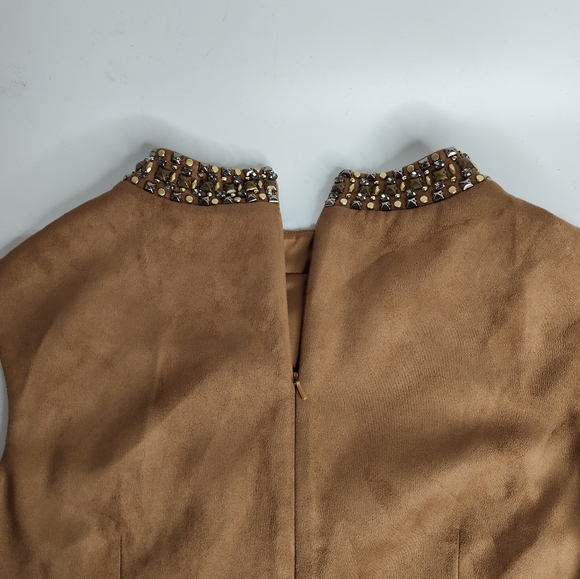 Vince Camuto Brown Women  Suede Shift Dress 14 Jeweled Neckline Sleeveless Zip - Picture 8 of 13